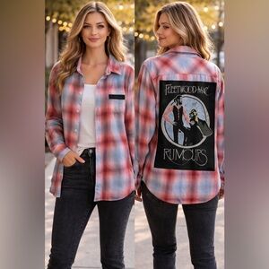 Upcycled Fleetwood Mac Graphic Tee On SAND & STONE Lightweight Flannel Size L